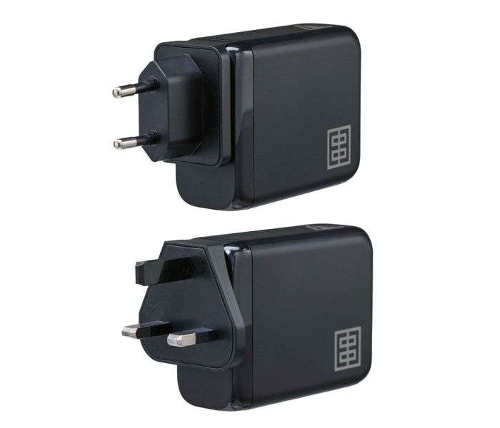 Elinchrom 100W USB-C Wall Charger Kit - Charger/Cable/UK & EU Plugs - front slant with example attachments 