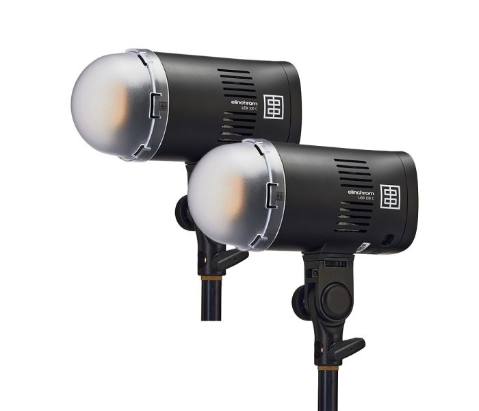 Elinchrom LED 100 C - Dual Head Kit - heads front slant with diffuser attached, dull