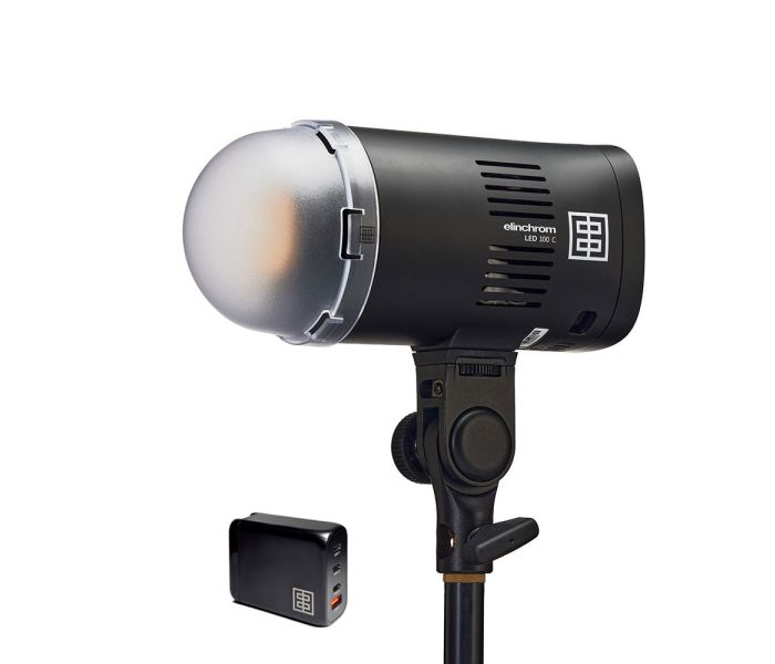 Elinchrom LED 100 C with 100W Fast Charger - Single Head Kit - head front slant with diffuser attached and 100W fast charger