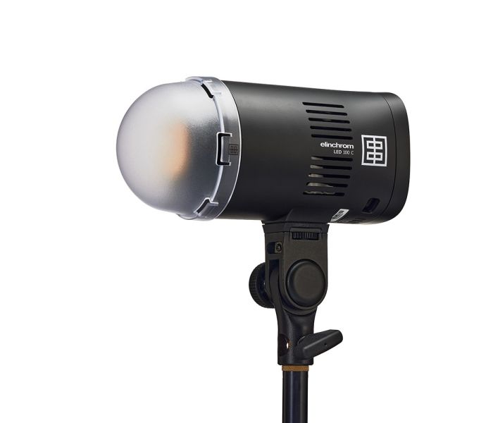 Elinchrom LED 100 C with 100W Fast Charger - Single Head Kit - head front slant with diffuser attached 