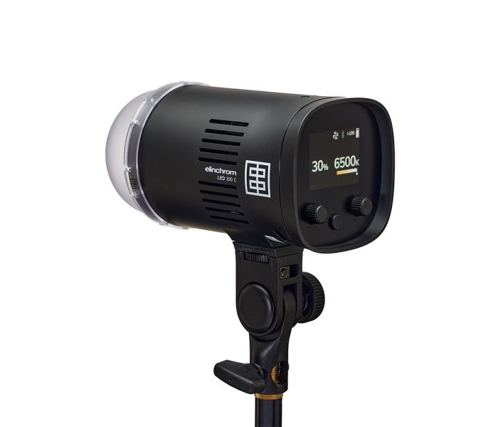 Elinchrom LED 100 C - Dual Head Kit - rear slant with colour temperature control and diffuser attached 