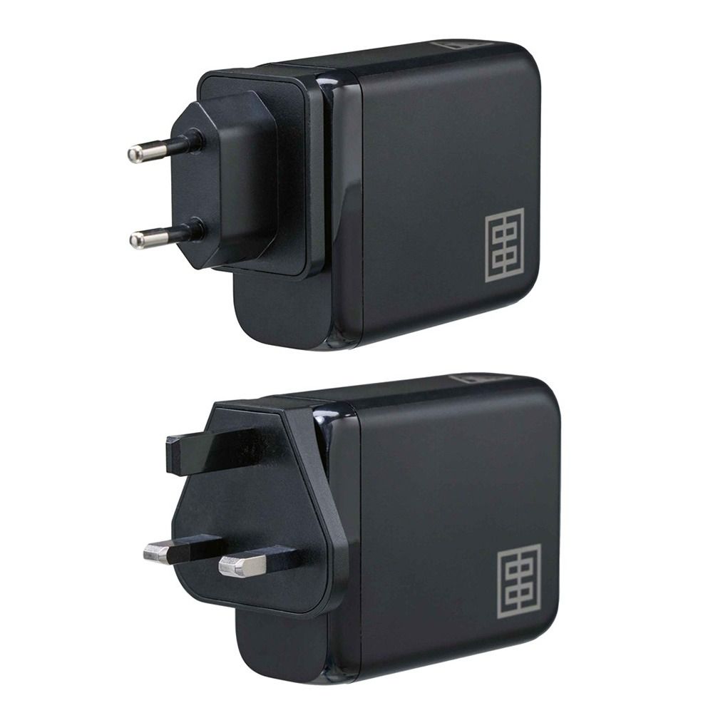 Elinchrom 100W USB-C Wall Charger Kit - Charger/Cable/UK & EU Plugs - front slant with example attachments 