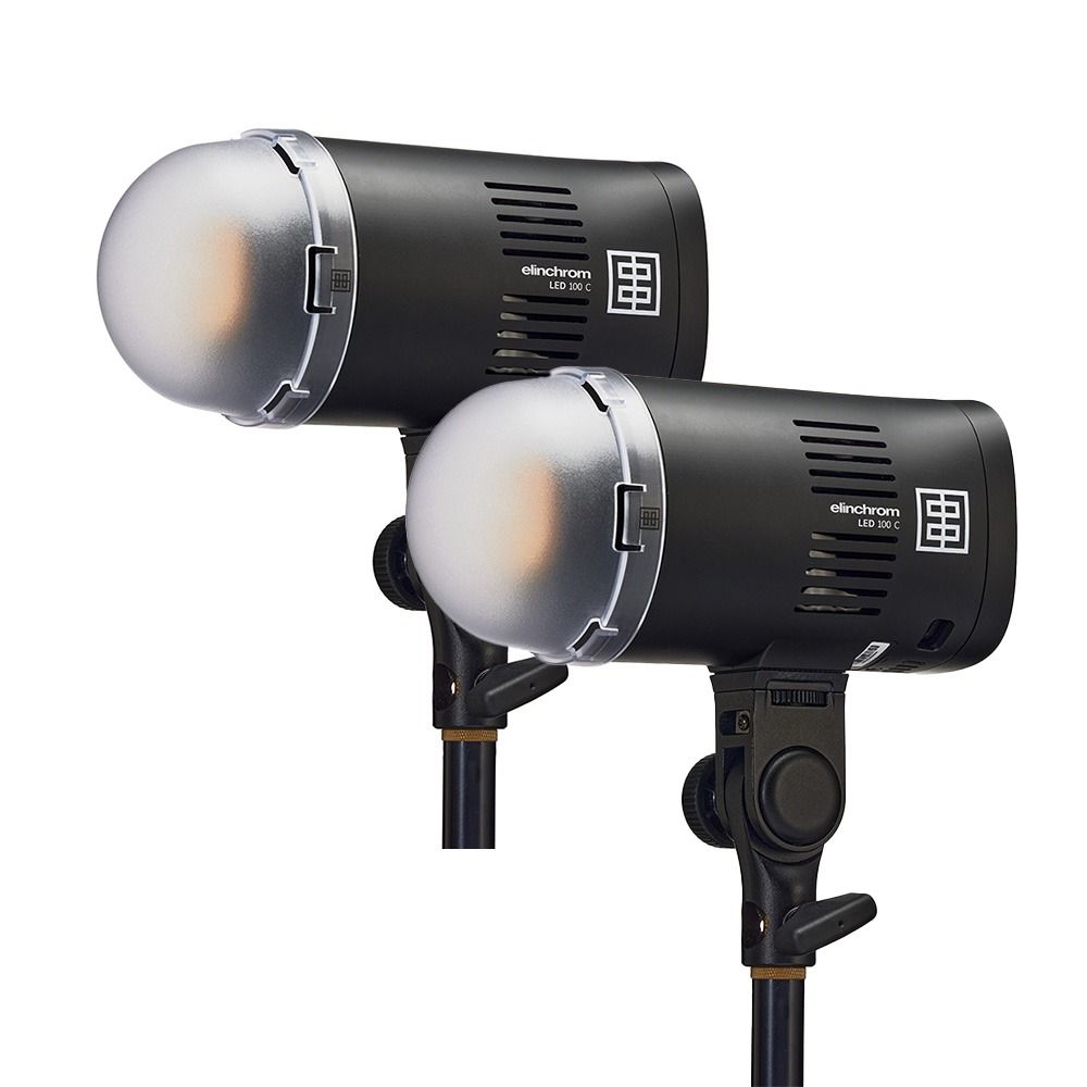 Elinchrom LED 100 C - Dual Head Kit - heads front slant with diffuser attached, dull