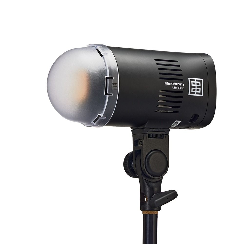 Elinchrom LED 100 C with 100W Fast Charger - Single Head Kit - head front slant with diffuser attached 