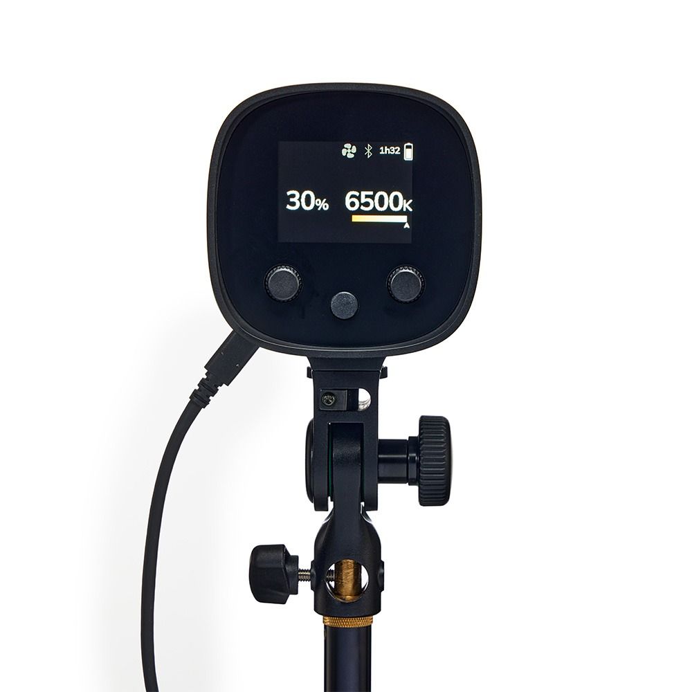 Elinchrom LED 100 C - Dual Head Kit - rear straight on, colour temperature control showing, with power cable inserted 