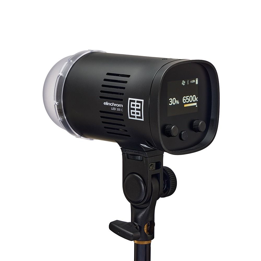 Elinchrom LED 100 C - Dual Head Kit - rear slant with colour temperature control and diffuser attached 